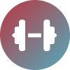 A white dumbbell is shown on a red and blue background.