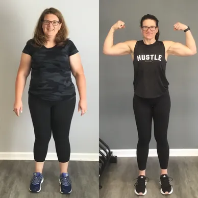 A before and after picture of a woman in her gym clothes.