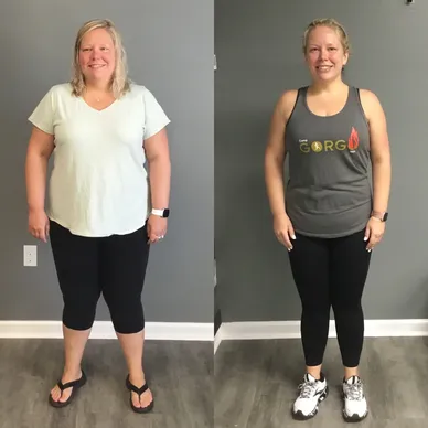 A before and after picture of a woman in her weight loss journey.