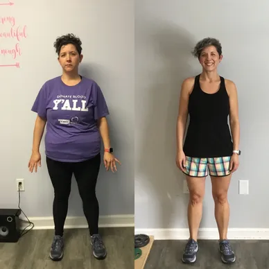 A before and after picture of a woman in her gym clothes.