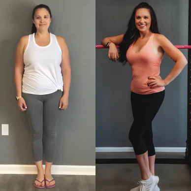 A before and after picture of a woman in her gym clothes.